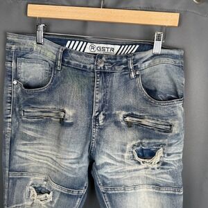 GSTR Mens Distressed Moto Jeans Blue Denim Ripped Biker Style Size 34x28